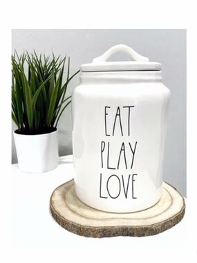 NEW Rae Dunn Eat Play Love Canister for Pet Treats Ceramic Home Decor
